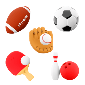 3d rendering rugby, football, baseball glove, table tennis, bowling and skittles icon set. 3d render sport conception icon set. png