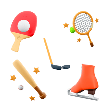 3d rendering table tennis, hockey, tennis racket, baseball bat, ice skate icon set. 3d render sport conception icon set. png