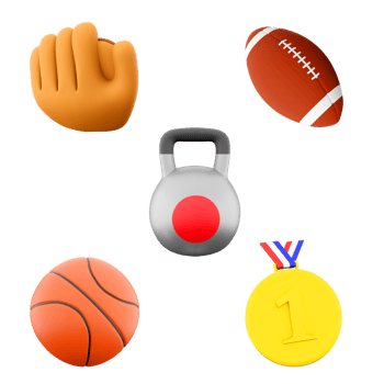 3d rendering baseball glove, rugby, kettlebell, basketball, gold medal icon set. 3d render sport conception icon set. png