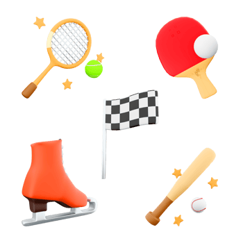 3d rendering tennis racket and ball, table tennis, race flag, ice skates, baseball bat icon set. 3d render sport conception icon set. png