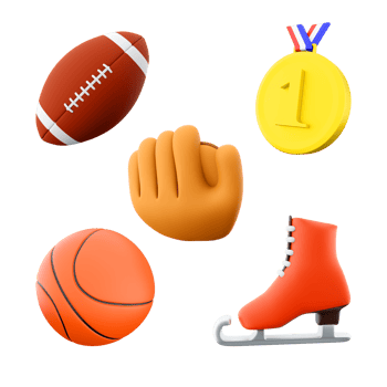 3d rendering rugby ball, gold medall, baseball glove, basketball, ice skate icon set. 3d render sport conception icon set. png