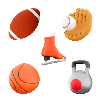 3d rendering rugby ball, kettlebell, baseball glove, basketball, ice skate icon set. 3d render sport conception icon set. png