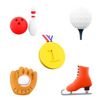 3d rendering bowling ball and skittles, ice skate, gold medal, baseball glove, golf icon set. 3d render sport conception icon set. png