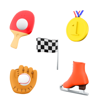 3d rendering table tennis, gold medal, race flag, baseball glove, ice skate icon set. 3d render sport conception icon set. png