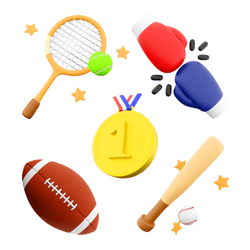 3d rendering tennis racket and ball, boxing glove red and blue colors, gold medal, rugby, baseball bat icon set. 3d render sport conception icon set. png