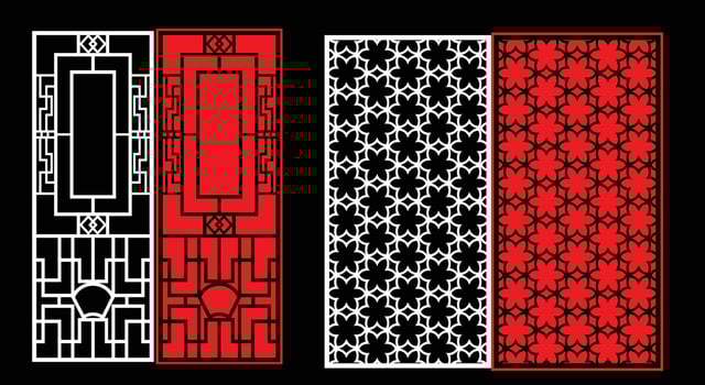 Decorative wall panels set Jali design CNC pattern, laser cutting pattern, router CNCcutting.Jali Laser cut decorative panel set with lace pattern. vector