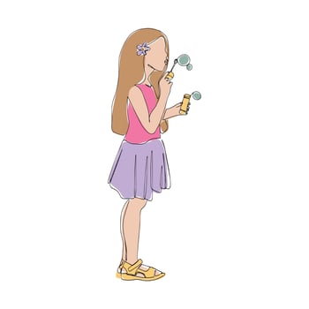 Little girl blowing soap bubbles. Vector sketch hand drawn with black lines, isolated on white background. . Vector illustration