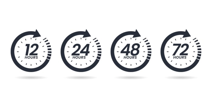 12, 24, 48, and 72 hours clock sign icons. service opening hours, work time, or delivery service time symbol. vector