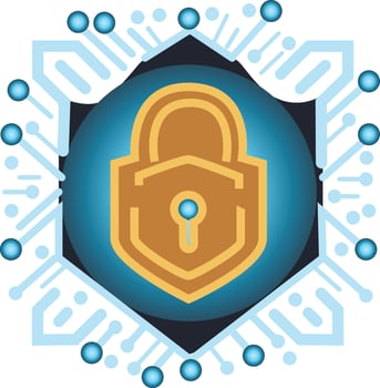 A blue and yellow shield with a logo for a cyber security company. vector