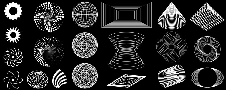 Set of Y2K bright geometric retro elements and shapes. Hipster graphic logos, icons, web design on black background. Science fiction series. vector