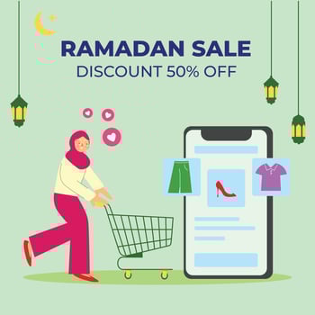 ramadan sale discount poster vector illustration. hijab woman pushing shopping cart. e commece promo banner background concept.