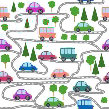 Cars, buses, trains, houses and roads, city seamless childish pattern vector