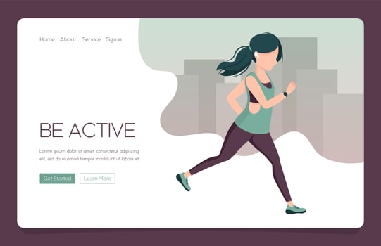 Web Landing banner Young woman running in sportswear with a tracker and headphones. vector