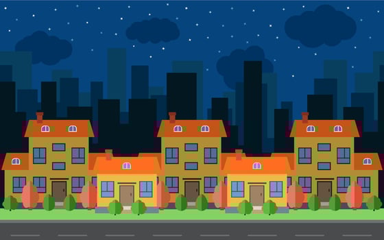 Vector night city with five cartoon houses and buildings. City space with road on flat style background concept. Summer urban landscape. Street view with cityscape on a background