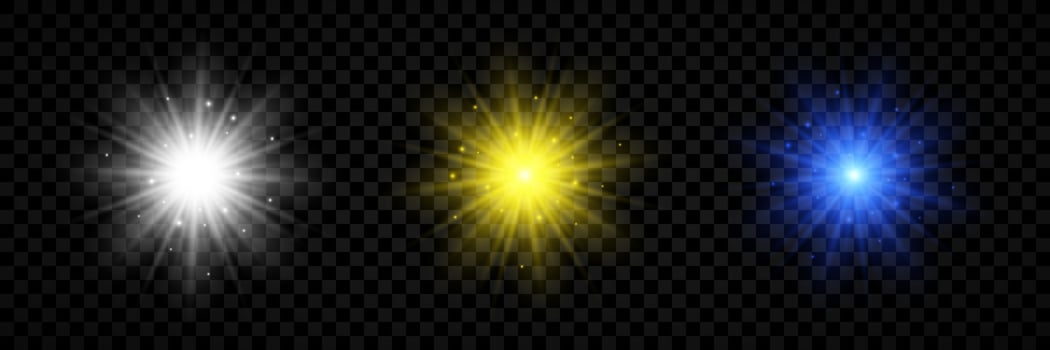 Light effect of lens flares. Set of three white, yellow and blue glowing lights starburst effects with sparkles vector