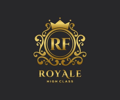 Golden Letter RF template logo Luxury gold letter with crown. Monogram alphabet . Beautiful royal initials letter. vector