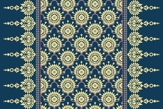 Ethnic pattern. Kerchief Pattern. Silk neck scarf. Bandana Print. Headscarf. Floral vintage style. Indonesian batik. Textile, Fabric, Tile, Clothing. Tribal texture. Vector. Blue, Red, Gold, Yellow. vector
