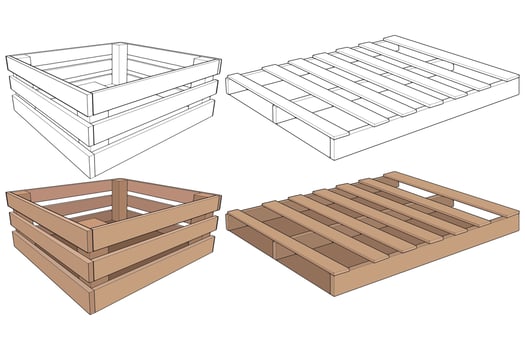 Set of Wooden pallet vector illustration on black background . Isolated isometric wood container. Isometric vector wooden pallet.