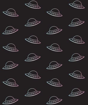 Vector seamless pattern of outline ufo on black