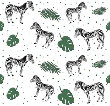 Vector seamless pattern of zebra and leaves