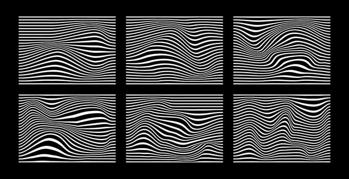 Black and white abstract waves line stripe vector illustration set. Optical art wavy background. Collection of striped lines illusion pattern.