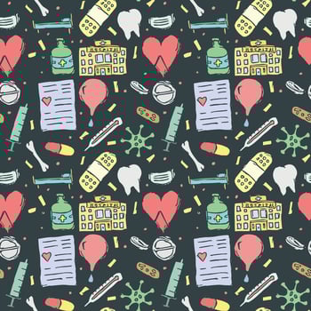 seamless medicine pattern. Doodle vector background with medicine icons