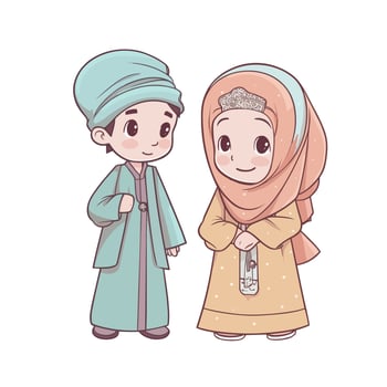 Kids Muslim Ramadhan Kareem Eid Mubarak Vector AI Illustration