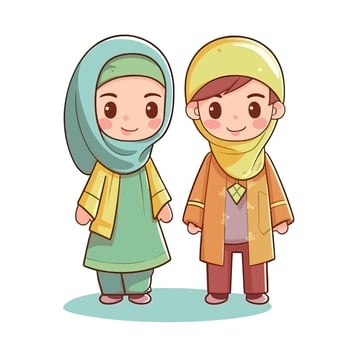 Kids Muslim Ramadhan Kareem Eid Mubarak Vector AI Illustration