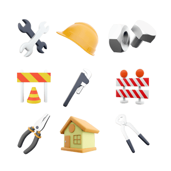 3d rendering two wrenchs, helmet, bolt and nut, traffic cone and barrier, straight pipe wrench, warning barrier, pliers, house, construction tongs icon set. 3d render construction concept icon set. png