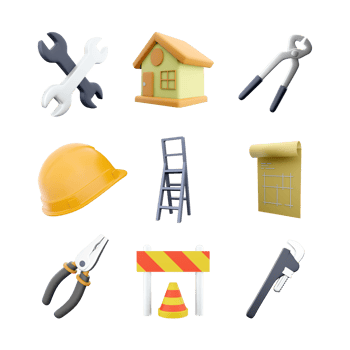 3d rendering two wrenchs, house, construction tongs, yellow helmet, ladder, house plan, pliers, traffic cone and barrier, straight pipe wrench icon set. 3d render contruction concept icon set. png