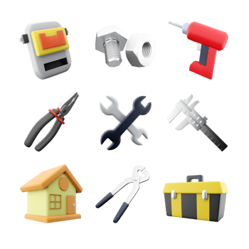 3d rendering welding mask, bolt and nut, electric screwdriver, pliers, two wrenchs, calipers, house, tool box, construction tongs icon set. 3d render construction concept icon set. png