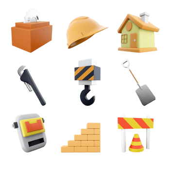 3d rendering circular saw, helmet, house, straight pipe wrench, tower crane, shovel, welding mask, brick stair, traffic cone and barrier icon set. 3d render construction concept icon set. png
