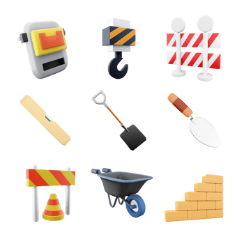 3d rendering welding mask, tower crane, warning berrier, level, shovel, cement trowel, traffic cone and barrier, wheelbarrow, brick stair icon set. 3d render construction concept icon set. png