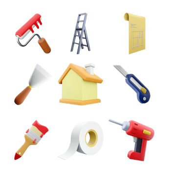 3d rendering roller brush, construction ladder, blueprint house plan, spatula, house, stationery knife, brush, adhesive tape, electric screwdriver icon set. 3d render construction concept icon set. png