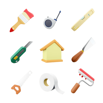 3d rendering brush, measuring tape, level, stationery knife, house, spatula, hand saw, adhesive tape, roller brush icon set. 3d render construction concept icon set. png