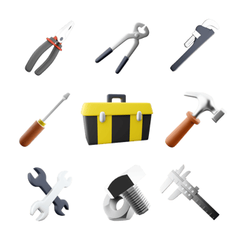 3d rendering pliers, construction tongs, straight pipe wrench, screwdriver, bolt and nut, tool box, hammer, two wrenchs, calipers icon set. 3d render construction concept icon set. png