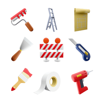 3d rendering roller brush, ladder, blueprint house plan, spatula, warning barrier, stationery knife, brush, adhesive tape, electric screwdriver icon set. 3d render construction concept icon set. png