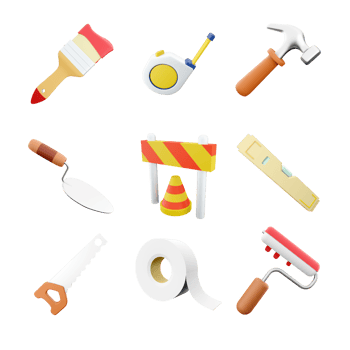 3d rendering brush, measuring tape tool, hammer, cement trowel, traffic cone and barrier, level, hand saw, adhesive tape, roller brush icon set. 3d render construction concept icon set. png