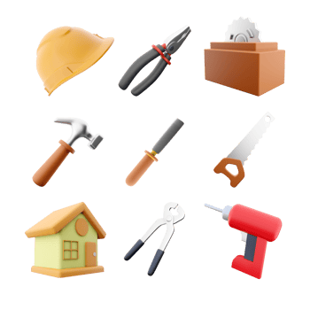 3d rendering yellow helmet, pliers, circular saw, hammer, chisel, hand saw, house, construction tongs, electric screwdriver icon set. 3d render construction concept icon set. png