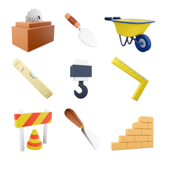 3d rendering circular saw, cement trowel, wheelbarrow, level, tower crane, iron ruller with angle bar, traffic cone and barrier, spatula, brick stair icon set. 3d render construction concept icon set. png