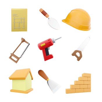 3d rendering blueprint house plan, helmet, cement trowel, hacksaw, electric screwdriver, hand saw, house, spatula, brick stair icon set. 3d render construction concept icon set. png