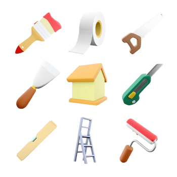 3d rendering brush, adhesive tape, hand saw, spatula, house, stationery knife, level, construction ladder, roller brush icon set. 3d render construction concept icon set. png