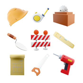 3d rendering yellow helmet, measuring tape tool, circular saw, cement trowel, warning barrier, level, blueprint house plan icon set. 3d render construction concept icon set. png