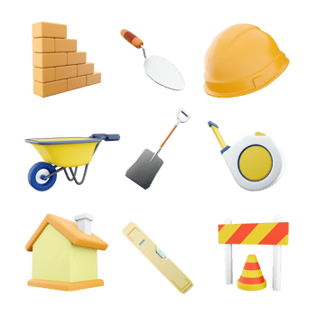 3d rendering brick stair, cement trowel, helmet, wheelbarrow, shovel, measuring tape tool, house, yellow level, traffic cone and barrier icon set. 3d render construction concept icon set. png