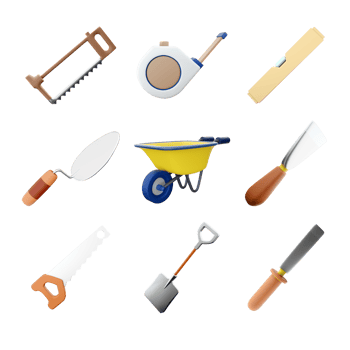 3d rendering hacksaw, measuring tape, level, cement trowel, wheelbarrow, spatula, hand saw, shovel, chisel icon set. 3d render construction concept icon set. png