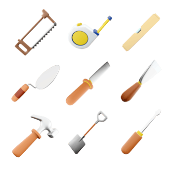 3d rendering hacksaw, measuring tape tool, level, cement trowel, chisel, spatula, hammer, shovel, screwdriver icon set. 3d render construction concept icon set. png