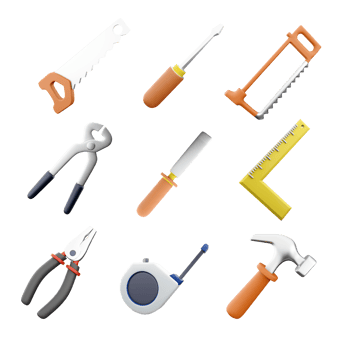 3d rendering hand saw, chisel, hacksaw, construction tongs, screwdriver, iron ruler with angle bar, pliers, measuring tape tool, hammer icon set. 3d render construction concept icon set. png