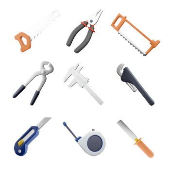 3d rendering hand saw, pliers, hacksaw, construction tongs, calipers, straight pipe wrench, stationery knife, measuring tape, chisel icon set. 3d render construction concept icon set. png