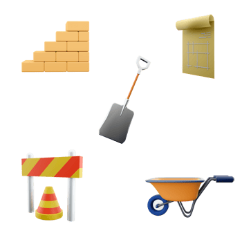 3d rednering shovel, brick stair, wheelbarrow, house plan drawing, warning barrier icon set. 3d render construction concept icon set. png
