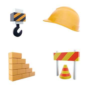 3d rendering tower Crane, brick stair, construction helmet, road barriers icon set. 3d render construction concept icon set. png